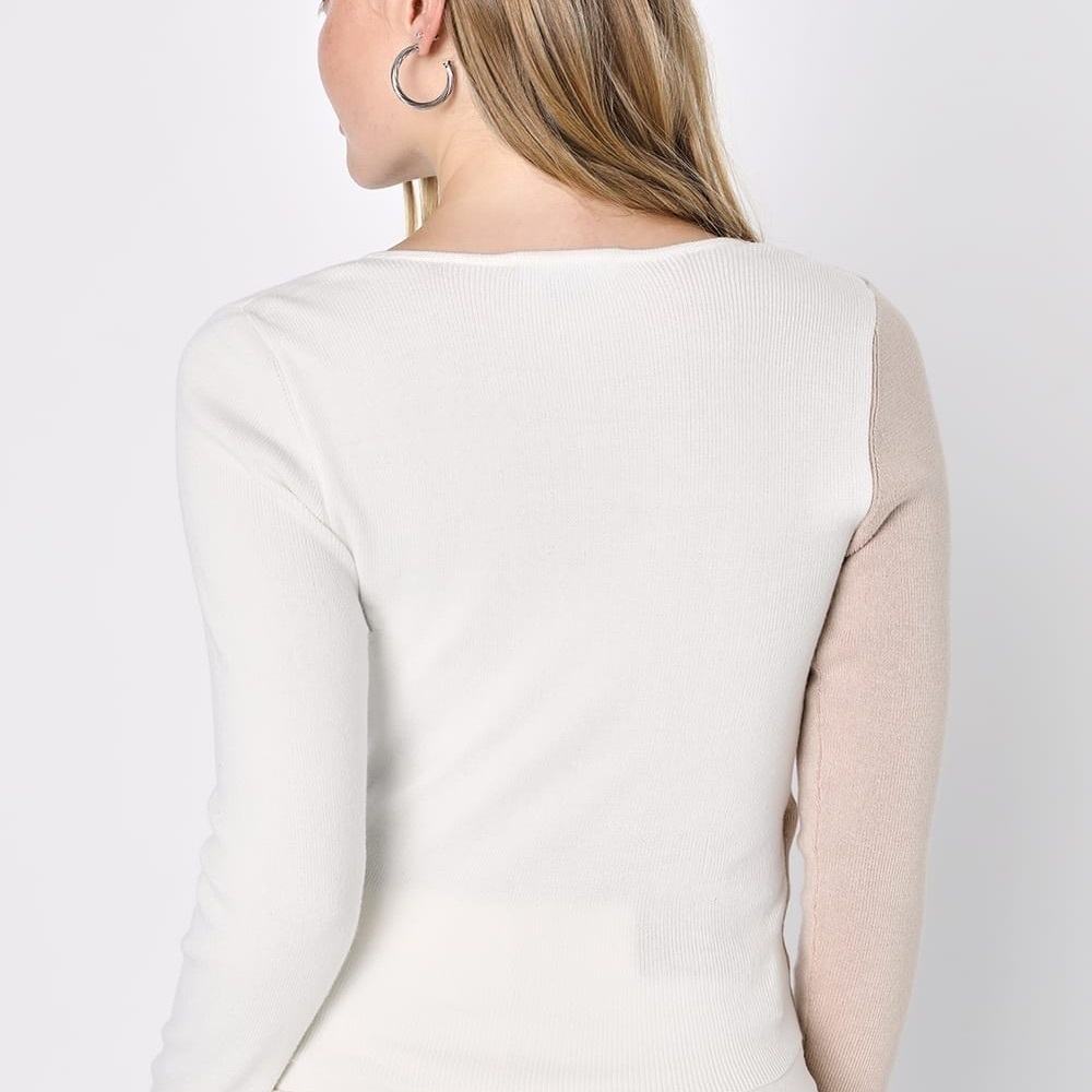Lulu's Beige and White V-Neck Sweater - Picture 3 of 7